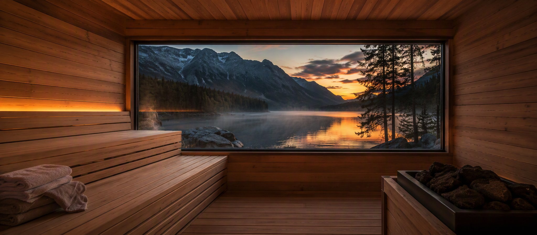 Innenansicht des NORDKUR Moduls: Vollholzsauna mit Panoramafenster in die Natur