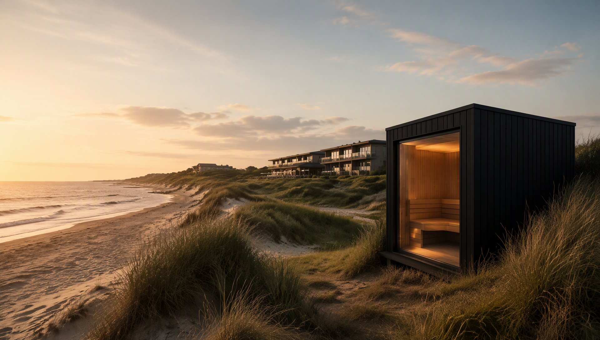 NORDKUR Sauna-Modul freistehend in den Dünen eines Küstenresorts