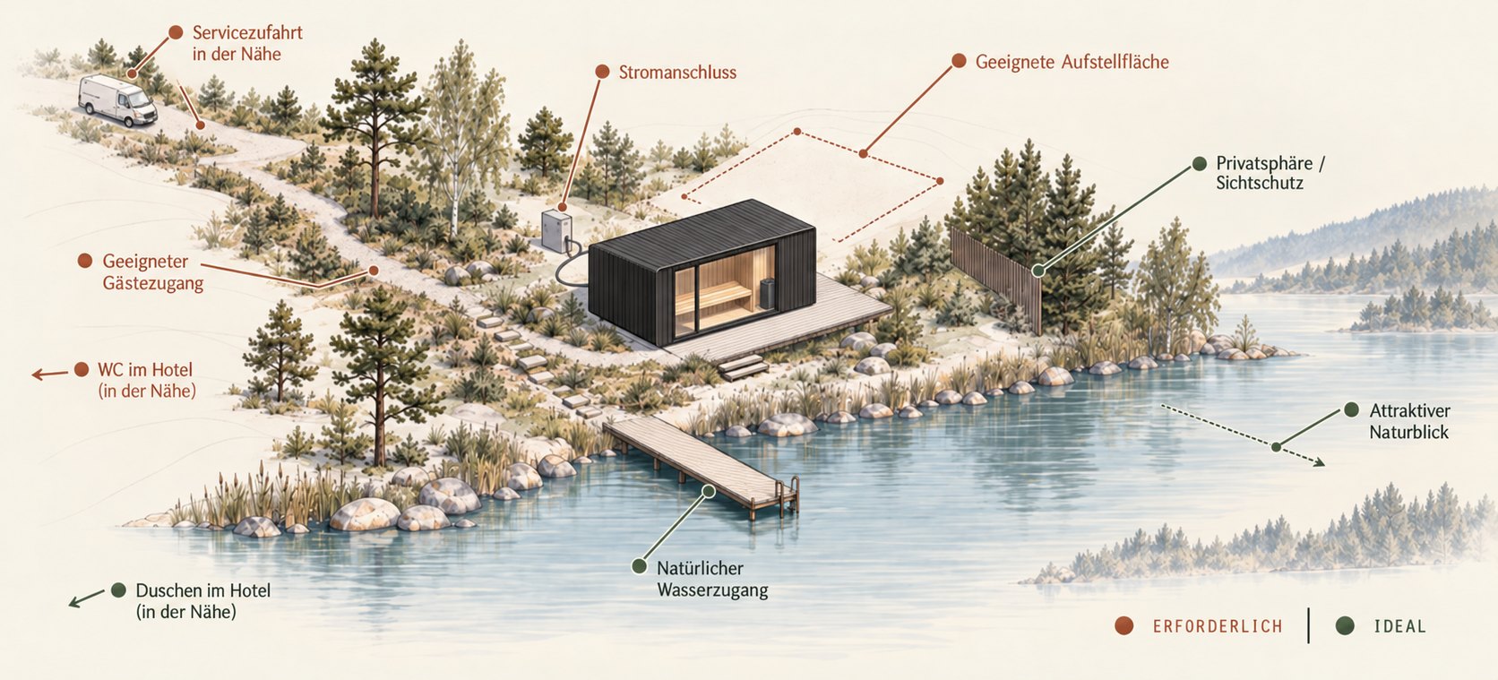 Skizze eines NORDKUR-Standorts: Modul am Wasser mit Gästeweg, Stromanschluss, Servicezufahrt und Sichtschutz, WC und Duschen im Umfeld